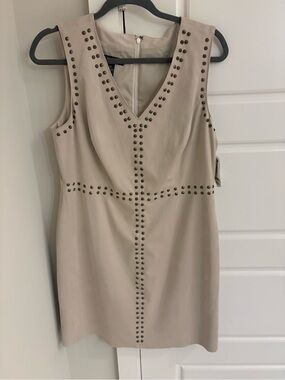 INC International Concepts Beige Stud-Trim Sleeveless V-Neck Mini Dress